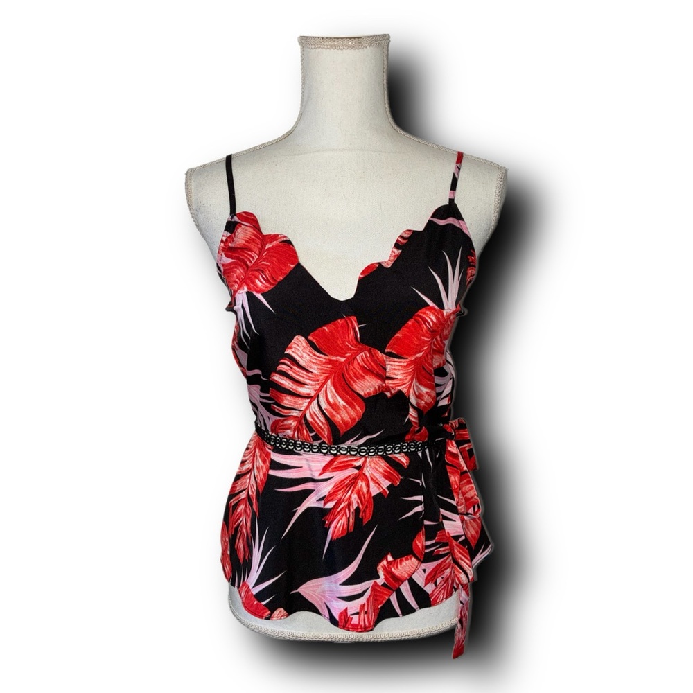 Milk & Honey Scalloped Tropical Floral Black and Red Tank w Eyelet Lace Insert